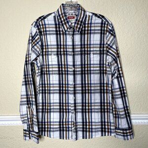 Wrangler Men's Small Long Sleeve Button Down Brown Blue White Strip Casual Dress